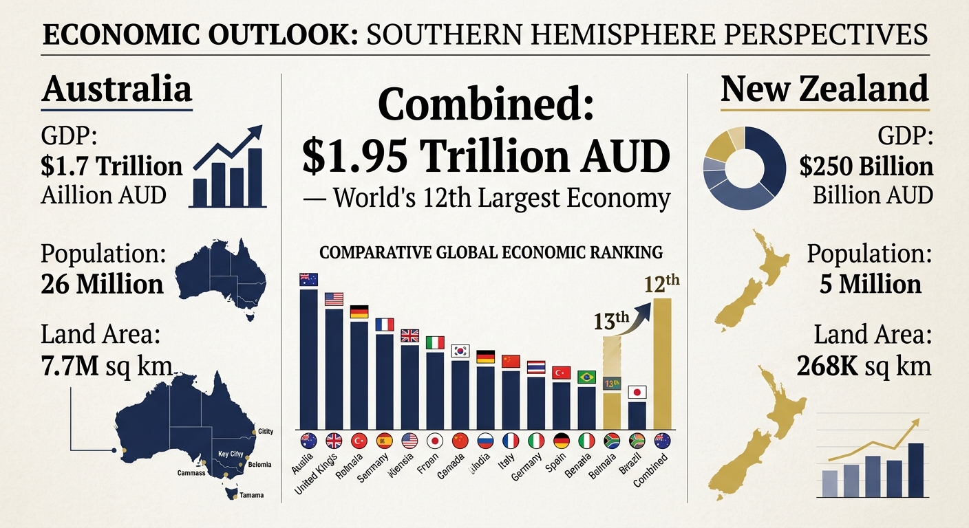 Treasury-style economic comparison infographic showing combined Australia-New Zealand economic indicators