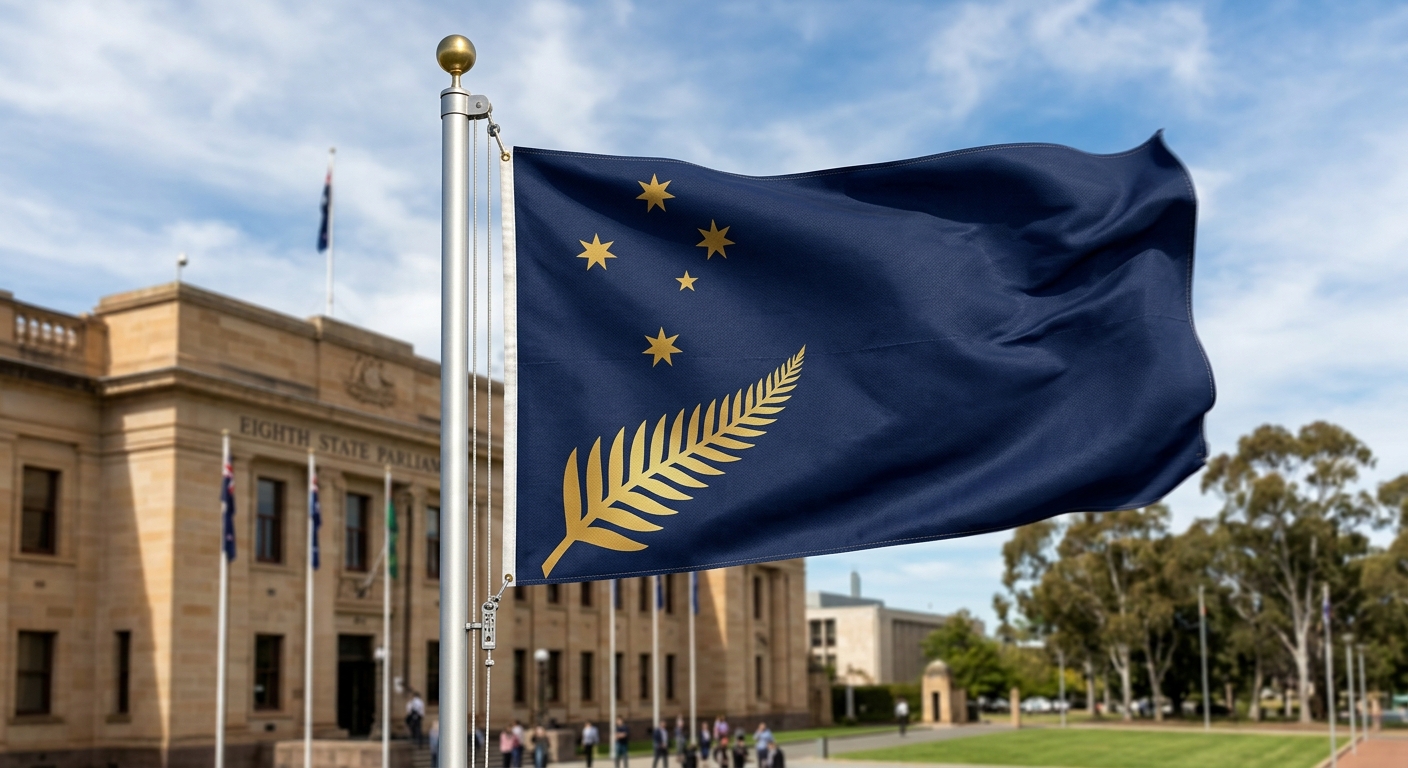 The Eighth State flag (Version 47) flying outside a parliament building