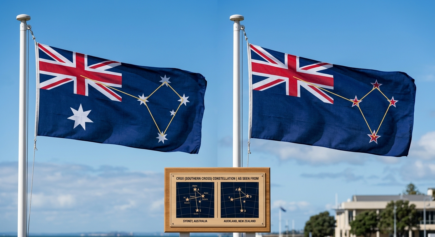 Australian and New Zealand flags with the Southern Cross constellation highlighted on each