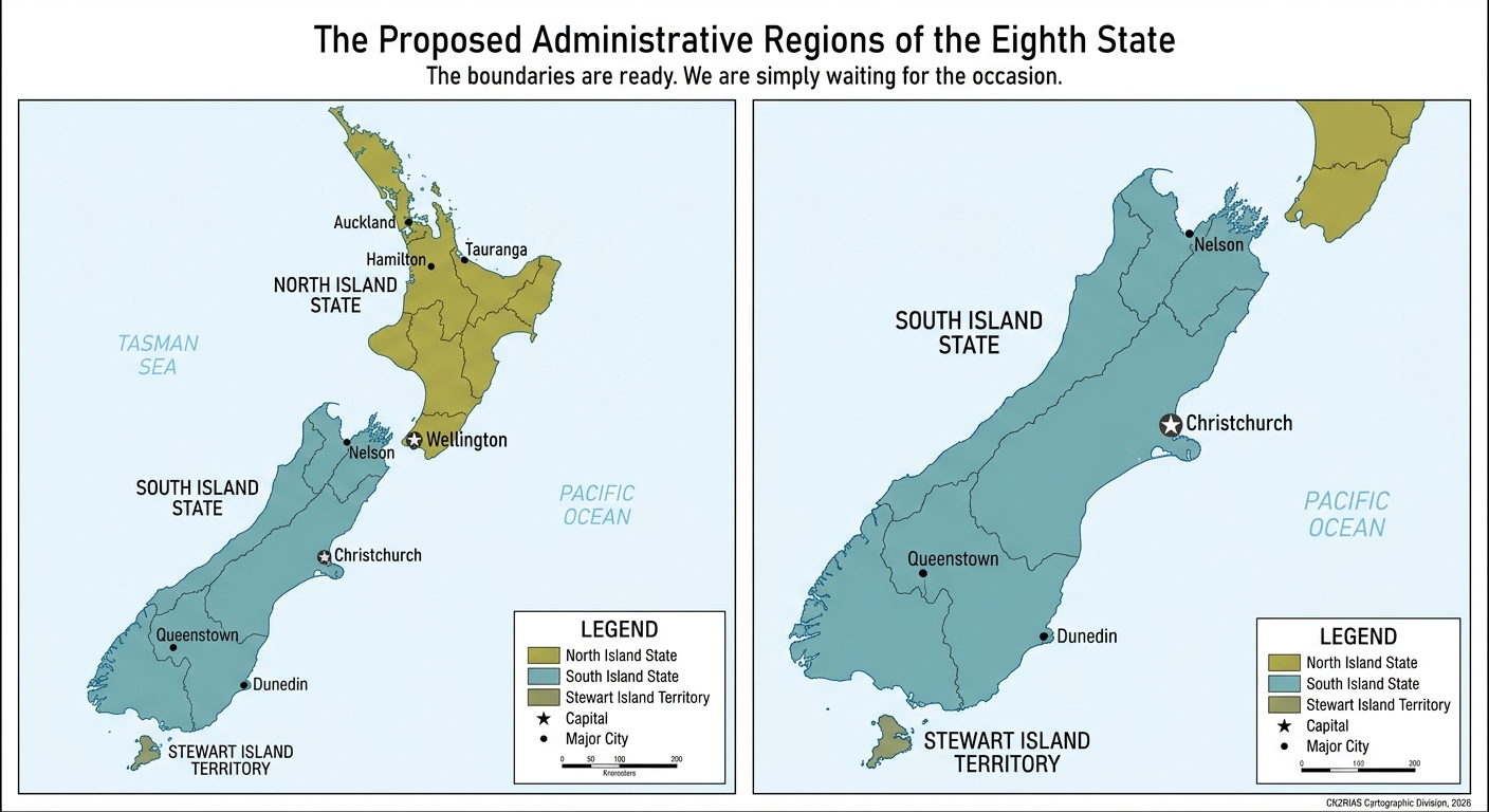 Clean administrative map showing North Island State, South Island State, and Stewart Island Territory