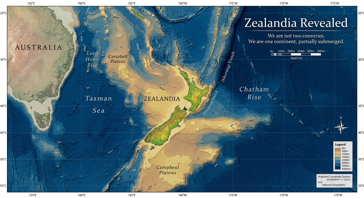 Bathymetric relief map showing the submerged continent of Zealandia, with New Zealand as its visible peaks
